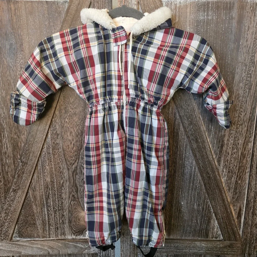 Puss In Boots Pram Snowsuit Infant Size Plaid Detachable Mitts Hooded Vintage‎